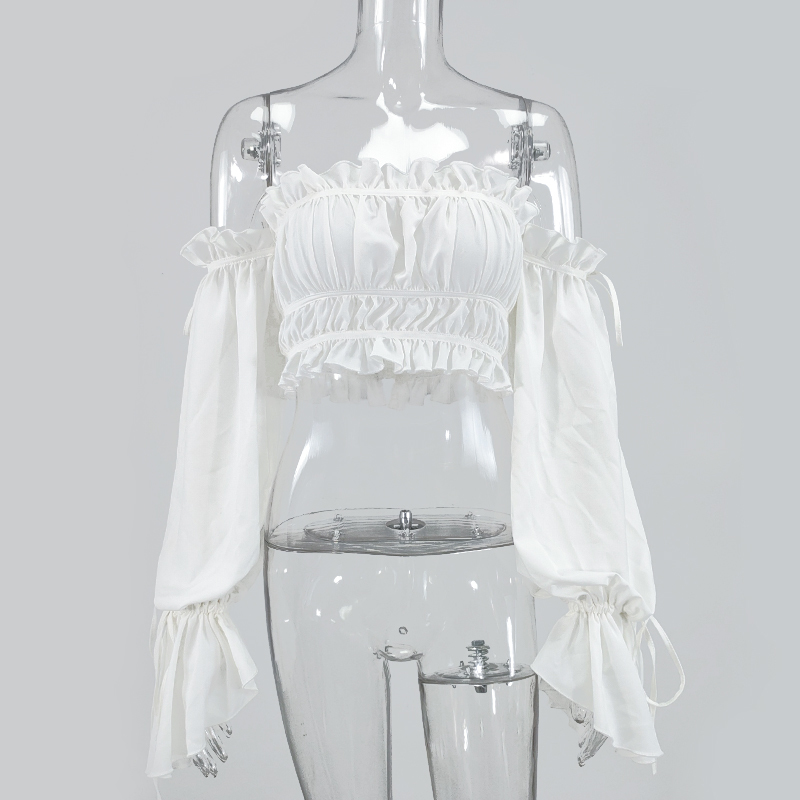 NewAsia Sexy Off Shoulder Women Blouses White Ruffles Long Sleeve Summer Tops Sweet Chic Lace Up Plus Size Short Blusa New 210413