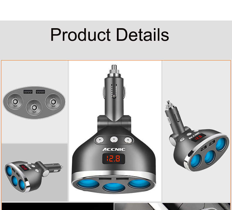 ACCNIC 5V 1A/2.4A Dual USB Car Cigarette Lighter Splitter Socket Adapter 120W LED Voltage Monitor Auto Car USB Plug Converter