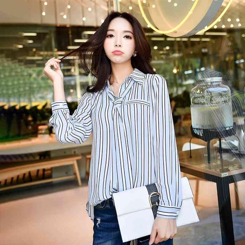 Dabuwawa Blue Bow Striped Blouses Women Turn-down Collar Long Sleeve Elegant Workwear Shirts Tops Office Lady DT1CST016 210520