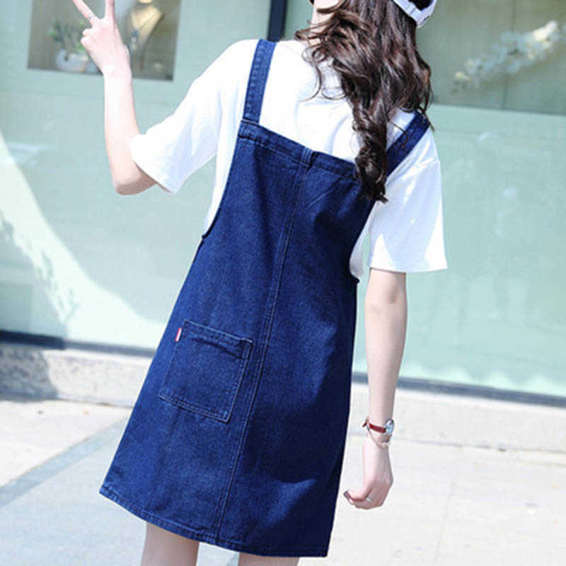 Blue Big Pocket Adjustable Strap Jeans Dress Summer Lady Korean Vest All-match Girl Student Loose A-line Short Denim 210604