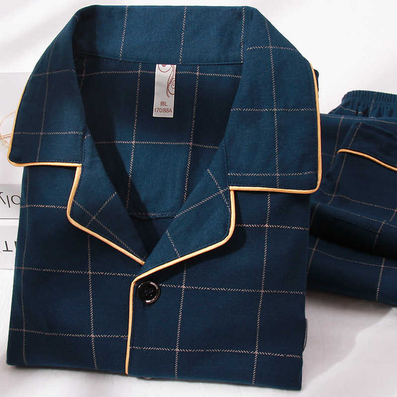 Winter 100% Cotton Pajamas For Men Blue Sleepwear Fashion Warm Pyjama Homme Cotton Pijamas Hombre Invierno Cotton Plaid Pyjamas 210812