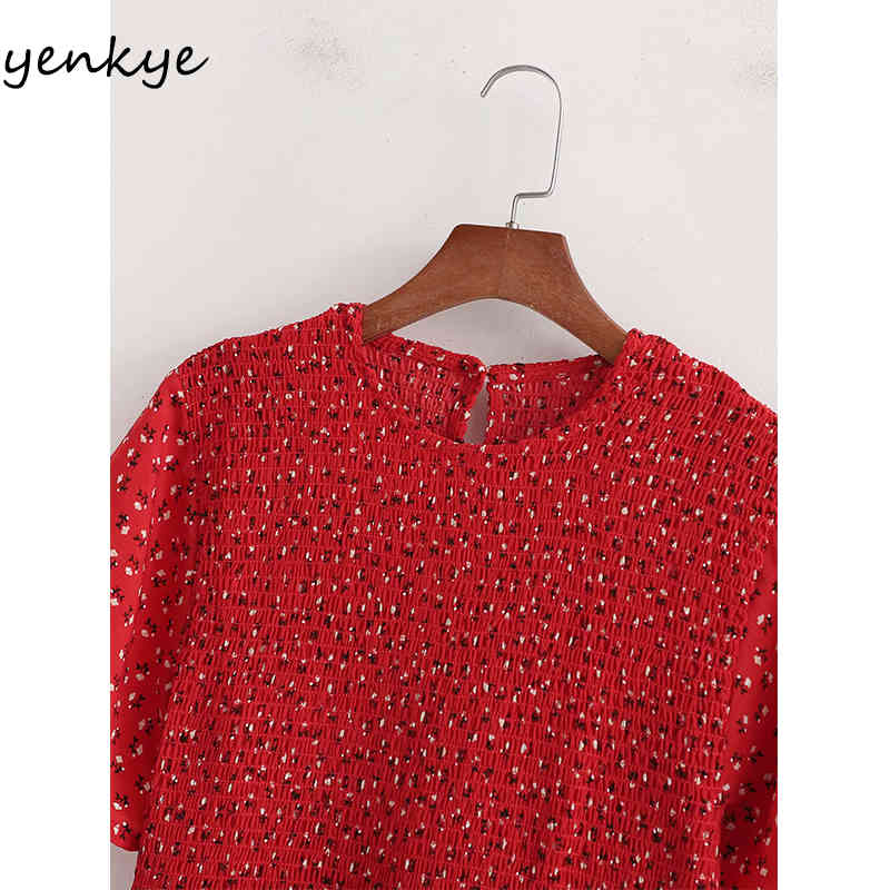 Summer Women Floral Print Red Dress Female Short Sleeve O Neck Robe Slim Casual Long 210430
