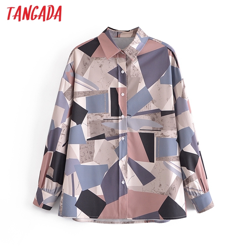 Women Vintage Geometry Print Chiffon Long Sleeve Chic Female Casual Loose Shirt 3A67 210416