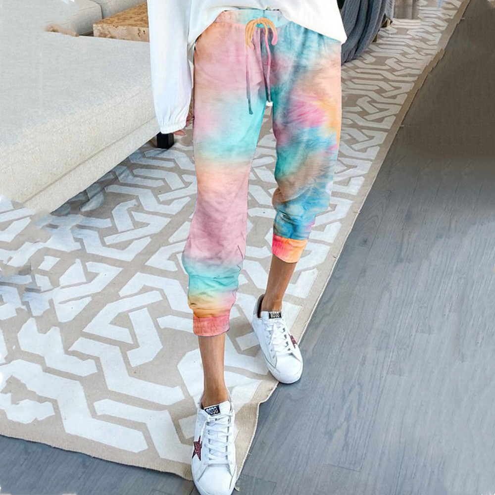 Autumn Women Casual Tie-dye Print High Waist Drawstring Trousers Femme Plus Size Long Pants Winter Loose Sport Pencil 210522