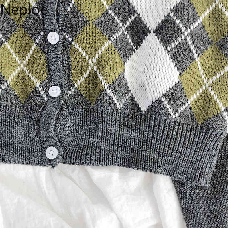 Neploe Cropped Sweaters Japanses Contrast Color Plaid Knitted Cardigan O-neck Long Sleeve All-match Casual Coat Tops Femme 94847 210422