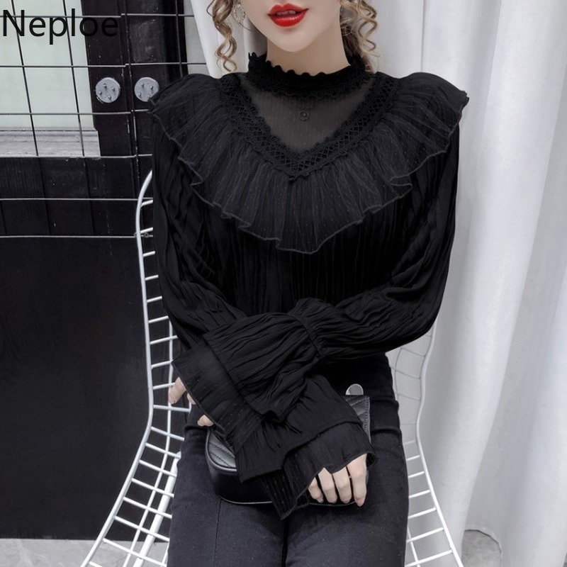 Neploe Stand Neck Hollow Out Blouse Women Gauze Patchwork Lace Tops New Fashion Ruffles Temperament Shirt Blusas Mujer 210422