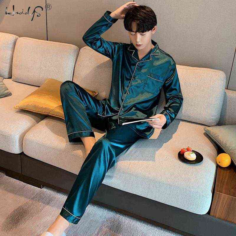 Men Loungewear Pyjamas Set for Men Nightwear Long Sleeve Sleep Tops Trousers Satin Silk Pajamas Men Sleepwear Set Pijama Set 211110