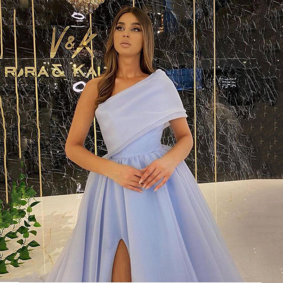 2021 Sky Blue Organza Formal Evening Dresses One Shoulder Sexy Side Split Puff Tulle Long Party Dress A-Line Prom Dresses