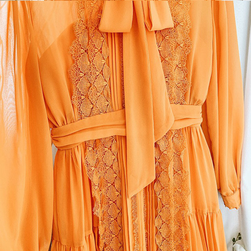 Autumn Women Chiffon Lace Stitching Orange Dress Elegant Slim Casual With Pleated Party Evening Max 210421