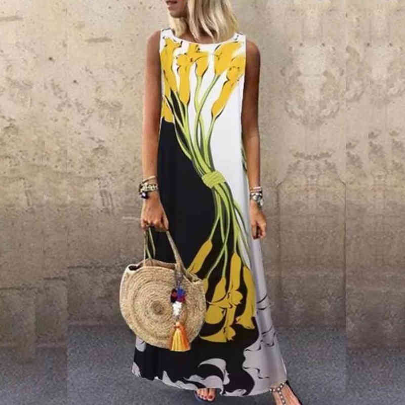 Sundress Women Summer Dress Print Floral Dress Midi Plus Size Casual Linen Loose Sleeveless printed Long Maxi Dress 210409