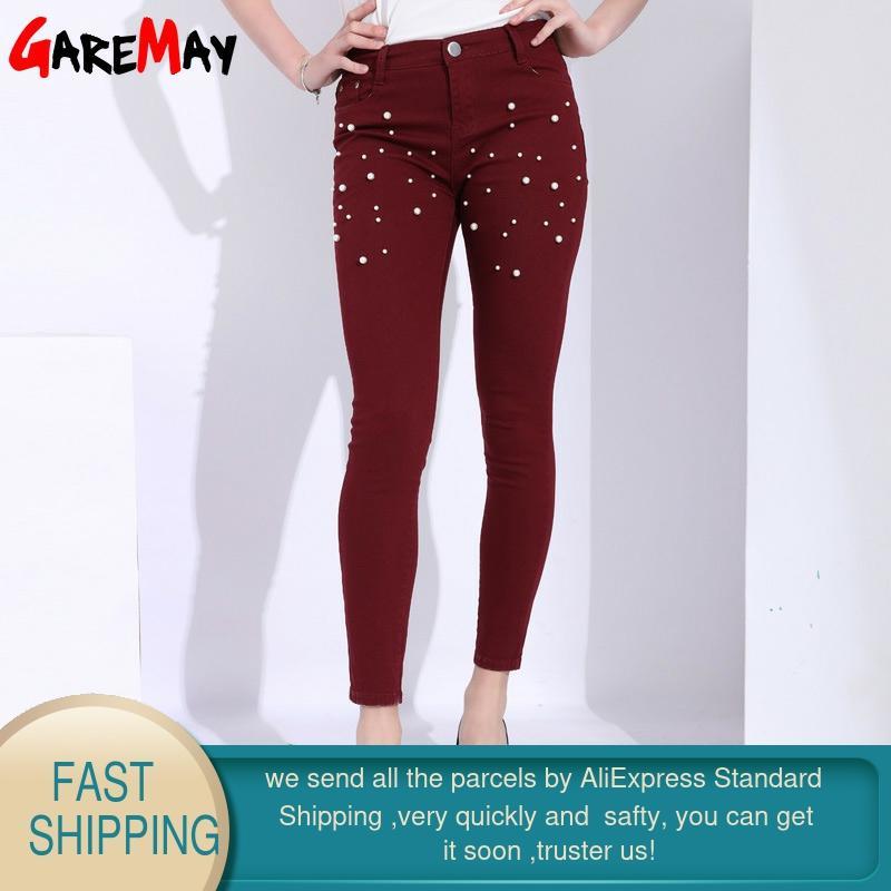 Beaded Pearl Female Jeans Woman Ankle Length Stretch Push Up With Beads Skinny Denim Pants Vaqueros Mujer 210428