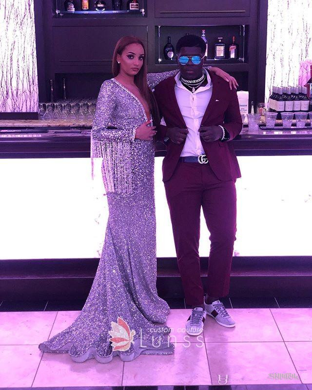 Glitter Sequin Mermaid Tassel Sier Prom Dresses Long Sleeves Plus Size Deep V-Neck African Graduation Party Gowns Formal Dress 0431