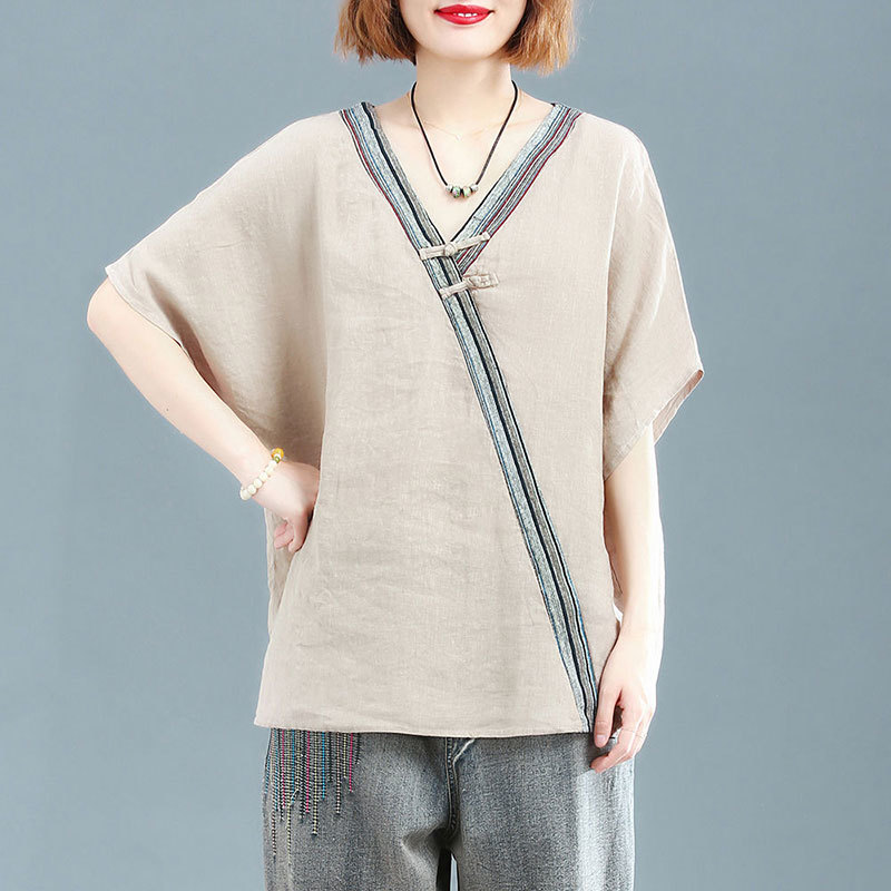 Summer Women Tshirt Plus Size Loose Batwing Sleeve V-neck Tee Shirt Femme Cotton Linen Button Vintage T Lady Tops D89 210512