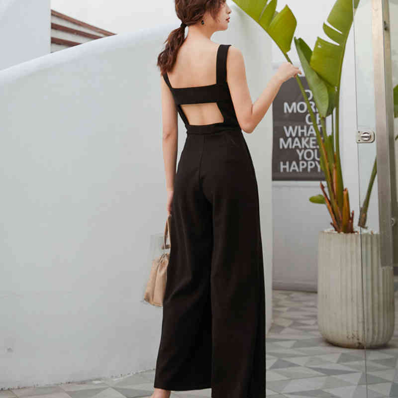 Sexy Backless Jumpsuits Women Sleeveless Spaghetti Strap Pocket Black Playsuit Female Long Pants Plus Size OL Fashion Ropa Mujer 210506