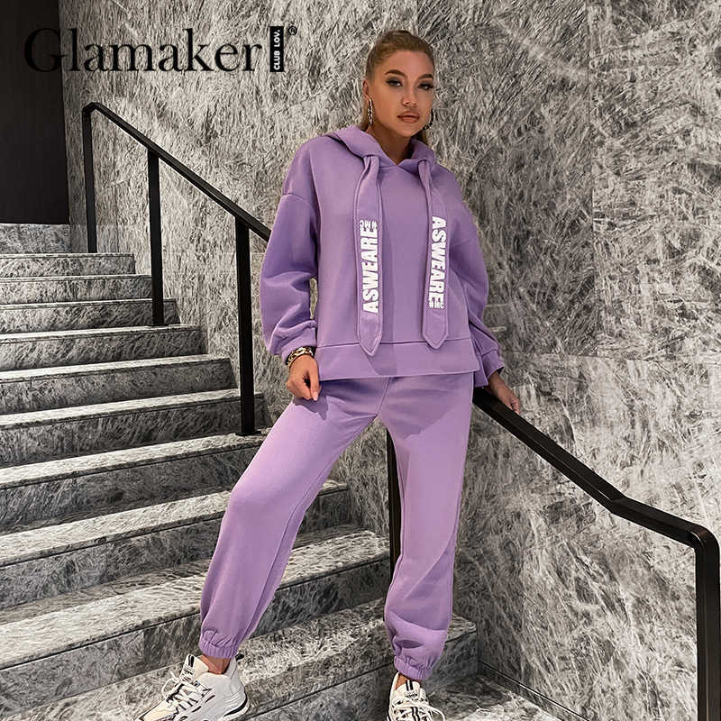 Glamaker Casual Purple loose fleece tracksuits pants suit women Oversize sweatshirt hoodies Elastic High Waist harem pant winter 211007