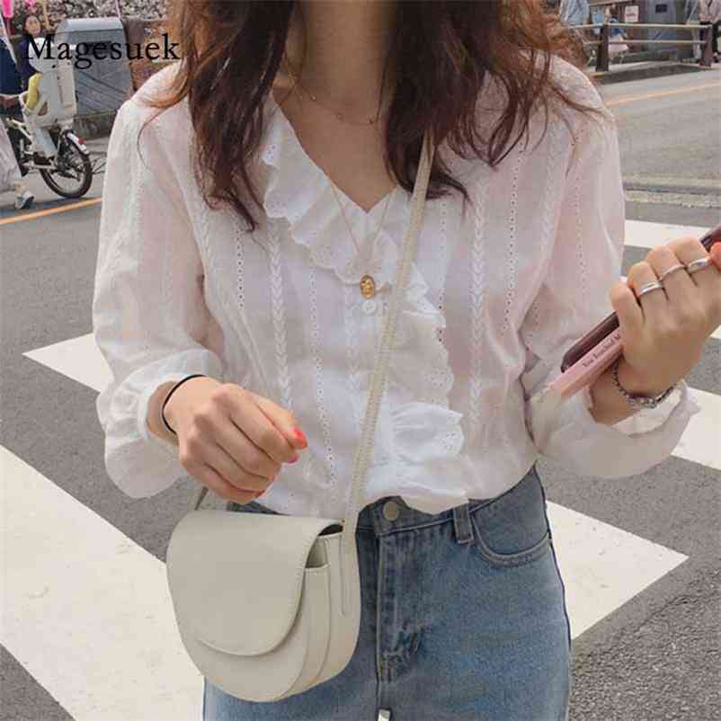 Korean Style Sweet Ruffled V-neck Long Sleeve Shirt Solid Cotton Simple Womens Tops and Blouses Women Ladies 8561 50 210518, White
Korean Style Sweet Ruffled V-neck Long Sleeve Shirt Solid Cotton Simple Womens Tops and Blouses Women Ladies 8561 50 210518, White