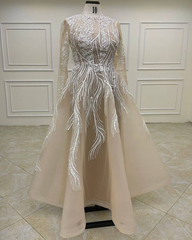 2021 Plus Size Arabic Aso Ebi Lace Beaded Muslim Prom Dresses Long Sleeves Ankle Length Evening Formal Party Bridesmaid Second Reception Gowns Dress Z