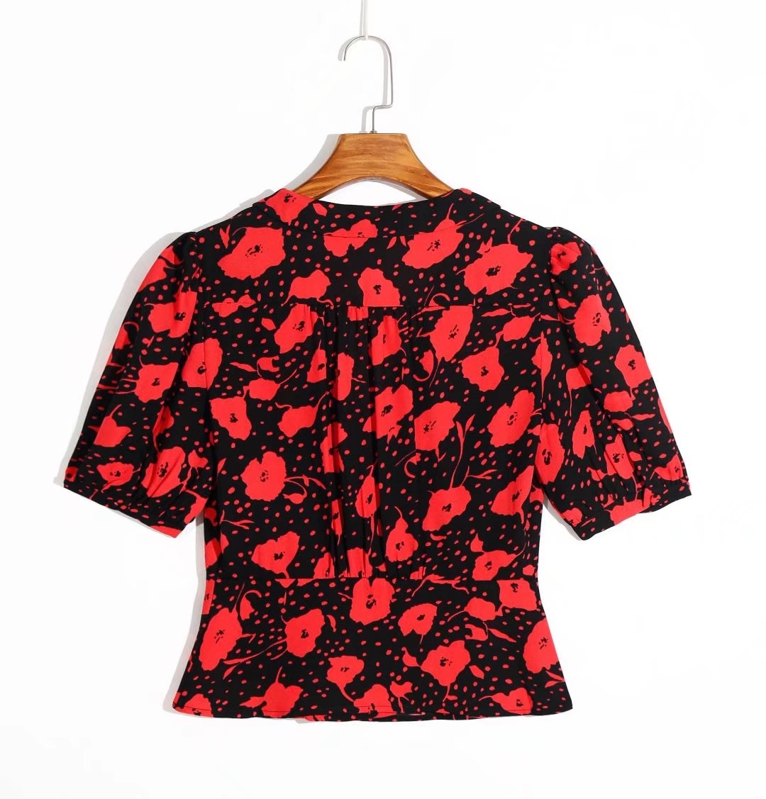 Vintage France Style Half Sleeve Wrap Shirt Fashion Red Floral Print Black Blouse Women Chic Short Tops 210429