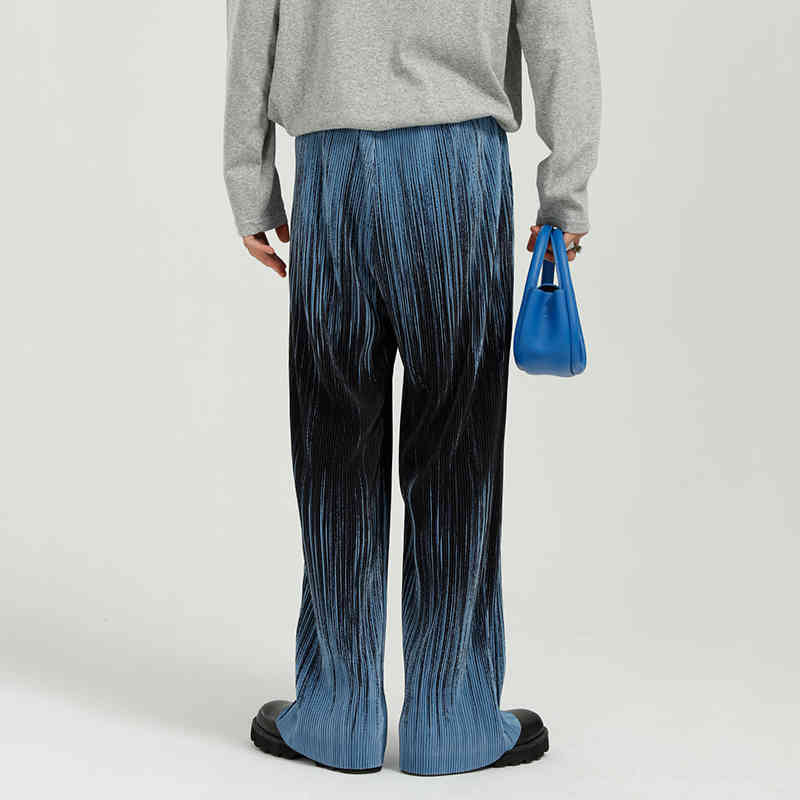 IEFB Men's Clothing Summer Wide Leg Trousers Korean Trend Personalized Tie Dye Stripe Pleated Loose Straight Pants 210524
