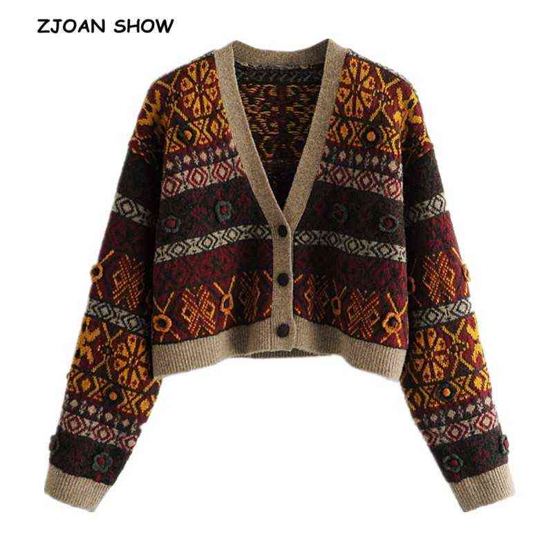 Vintage 3D Flower Jacquard Geometric Knitted Cardigan Retro Ugly Sweater Woman Single-breast Button Long sleeve Short Jumper 211117