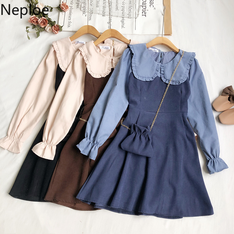 Neploe Women's Dress Contrast Color Patchwork Vestidos Autumn Korean Turn Down Collar Slim Chain Belt Bag All-match Dresses 210422