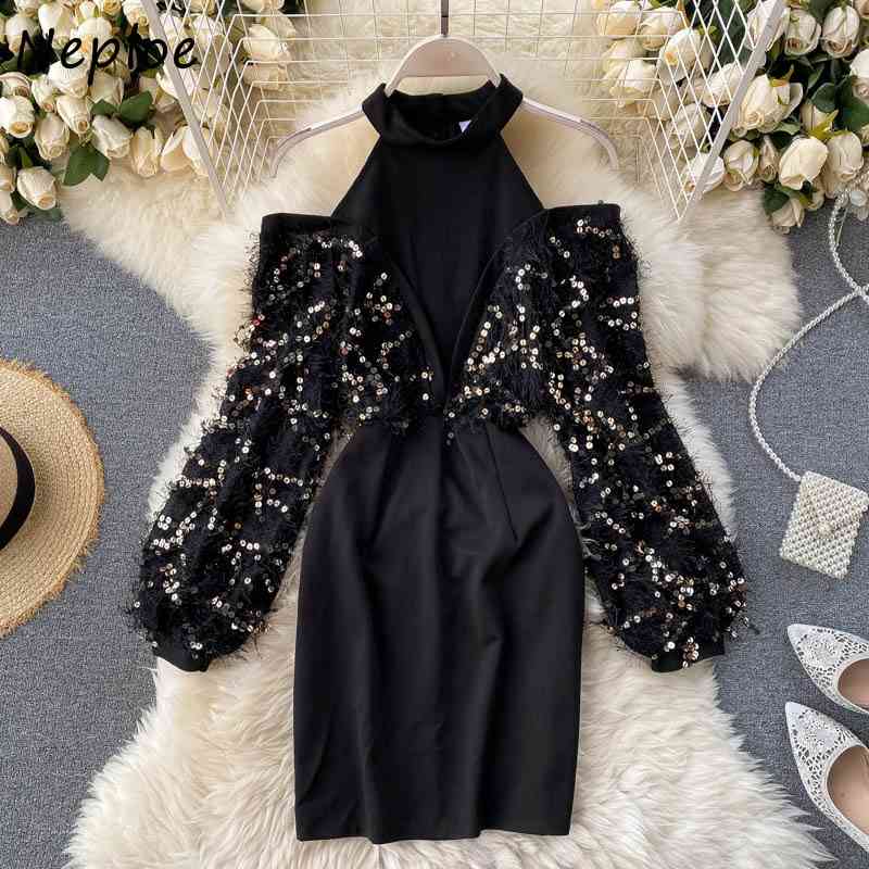 Neploe Halter O-neck Shoulder Strapless Women Mini Dress Bling Sequined Tassel Dresses Panelled Patchwork Sexy Bodycon Vestidos 210422