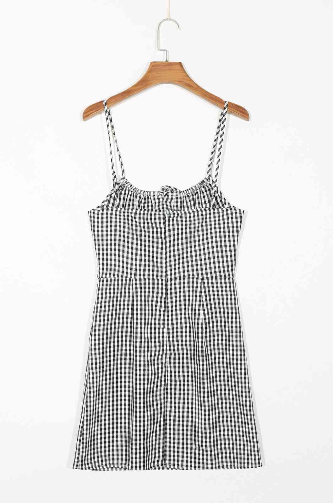 Sexy French Gingham Plaid Print Spaghetti Strap Women Mini Dress Back Zipper Cross Lacing Up Collar Sling Holiday Dresses 210429