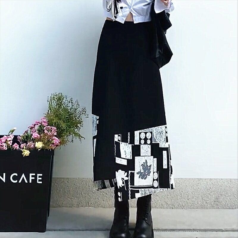 vintage women skirt long casual block colour printed high waist streetwear clothes jupe femme asias faldas largas ropa 210421