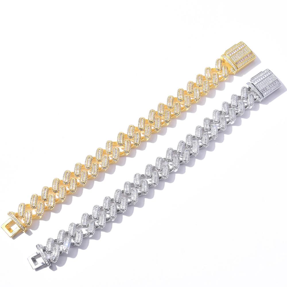 New Fashion Hip Hop Bracelet 15mm White Gold Brass Iced CZ Heavy Baguette Cuban Link Wristband Miami Curb Chain Jewelry Party Punk Giftsfor Man and Wo