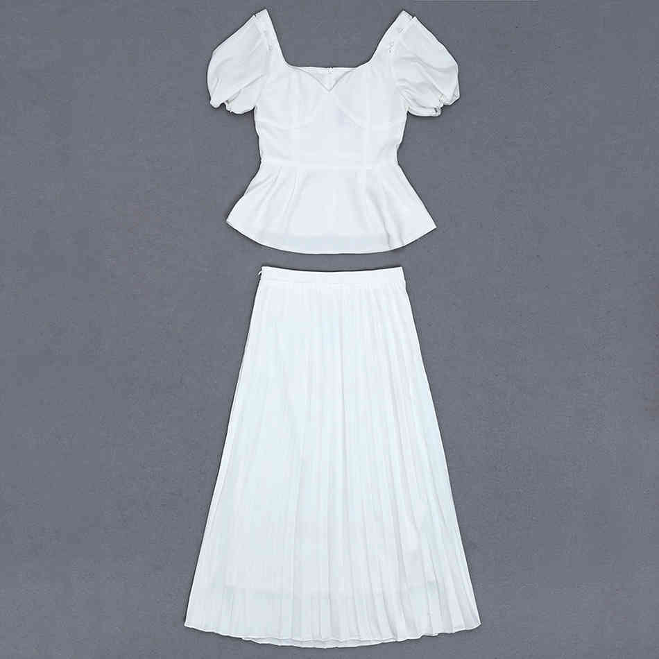 Free Ladies Summer White Dress Set Elegant V-neck Lantern Short Sleeve Slim Top & A-line Midi Skirt Two-piece 210524