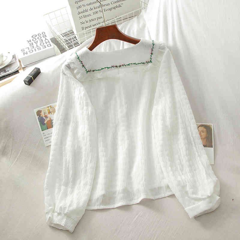 Kimutomo Chic Fungus Embroidered Blouse Female Peter Pan Collar Spring Long-sleeved Single Breasted Shirt Elegant Casual 210521
