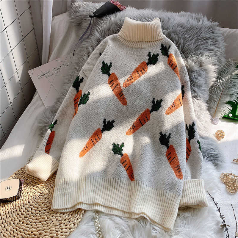EBAIHUI Knitted Sweater Women Carrot Pattern Long Sleeve Pullover Loose High-necked Blue Yellow Autumn Winter 211011Z