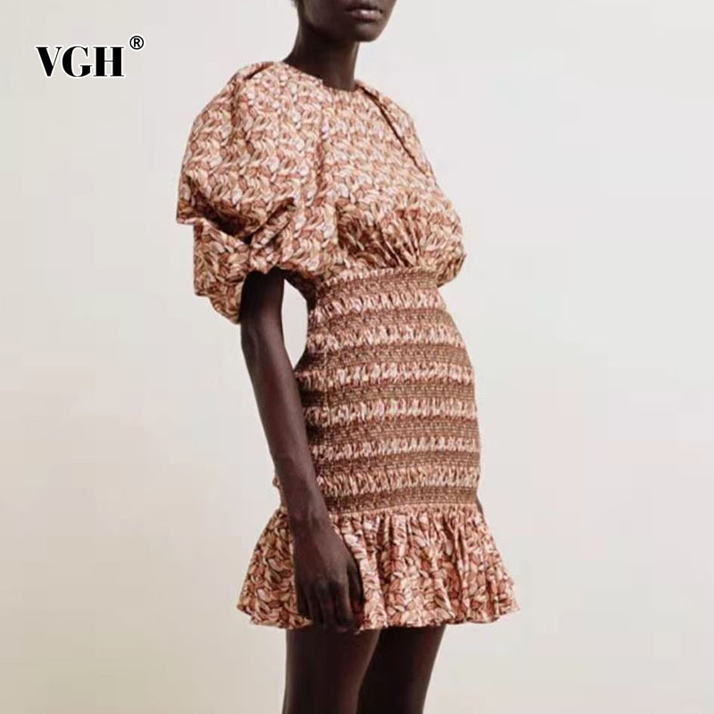 VGH Print Casual Dress For Women O Neck Lantern Short Sleeve High Waist Hollow Out Bodycon Dresses Female Summer Fashion Clothes 210421