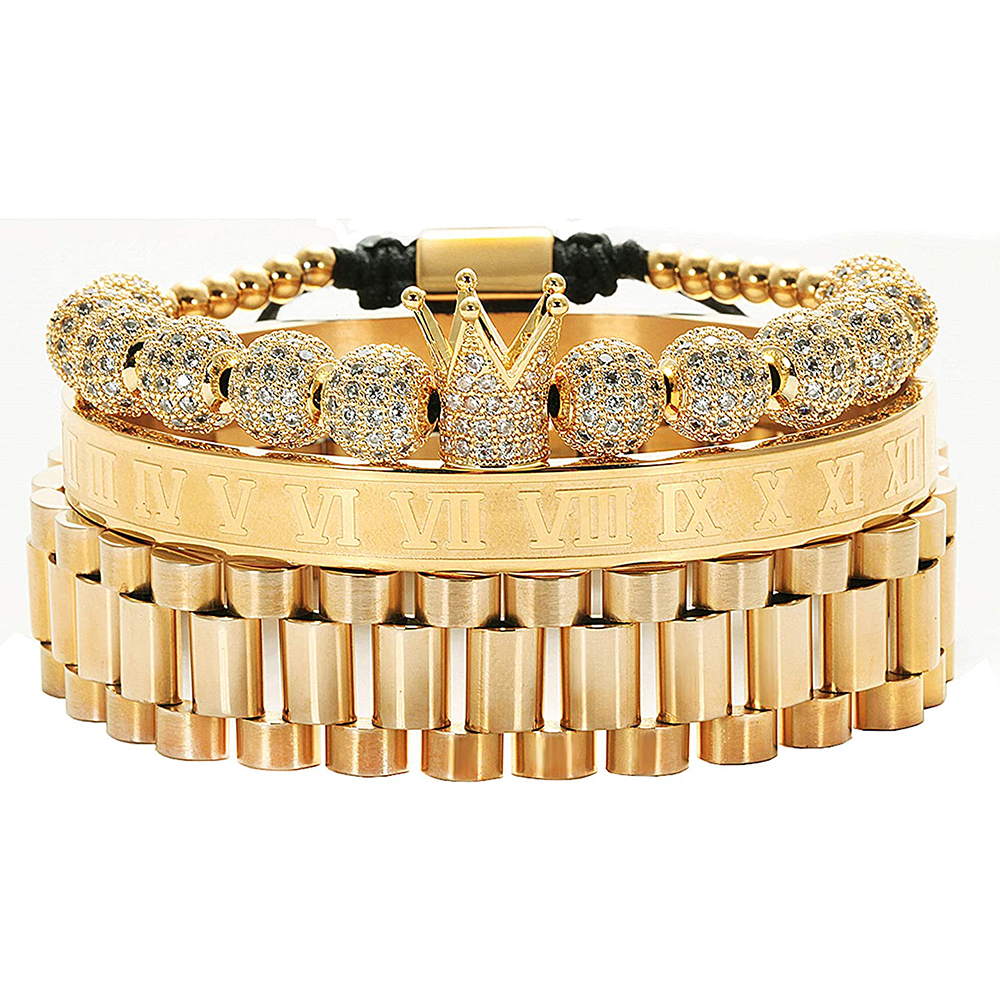3pcs/set Imperial Crown King Mens Bracelet Pave CZ Gold Bracelets for Men Luxury Charm Fashion Cuff Bangle Birthday Jewelry