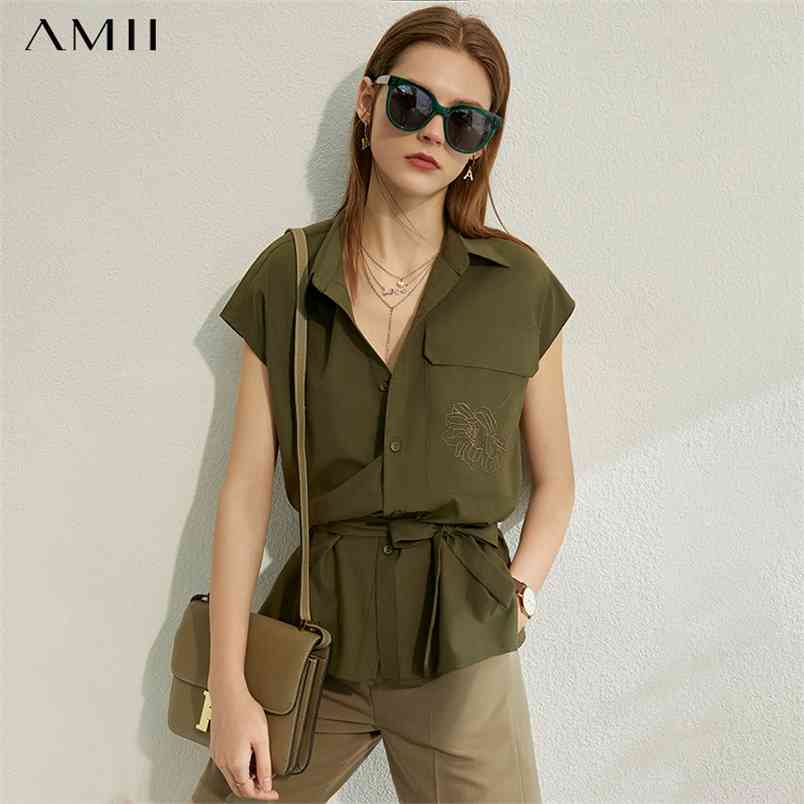 Minimalism Spring Summer Flower Embroidery Women Shirt Tops Caual Lapel Single-breasted Belt Female 12070219 210527