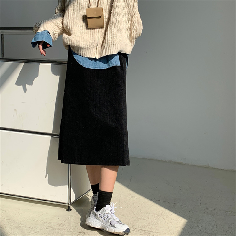 Spring Autumn Elastic High Waist Vintage Split Corduroy Bottoming Skirt Female OL Elegant Solid Long Skirts Womens 210421