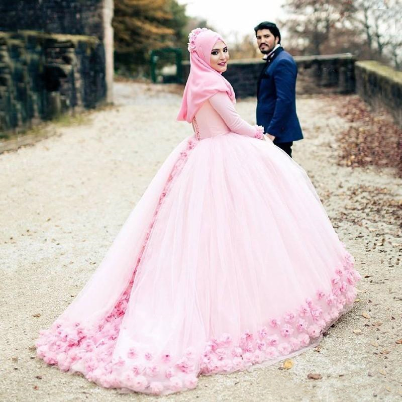2022 Muslim Girls Princess Quinceanera Dresses Blush Pink Ball Gown 3D Floral Flowers Appliqued Long Sleeve High Neck Sweet 16 Dress Brithday Prom Par