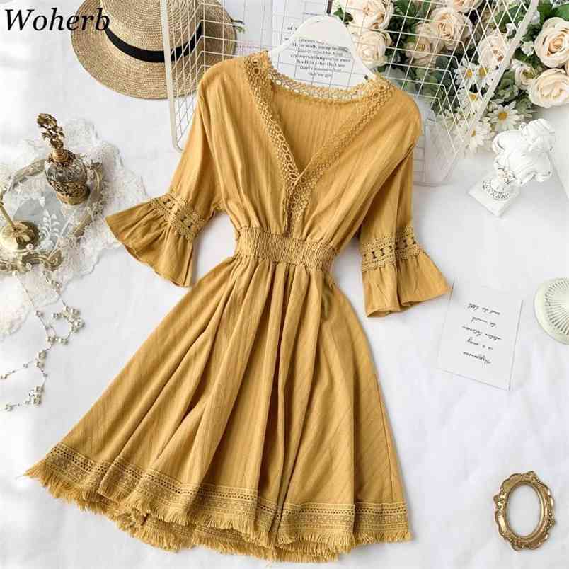 Woman Chic Dress Summer Vintage Hollow Out Tassel Dresses Elegant V-neck High Waist Short Sleeve Mini Boho Vestido 210519, Yellow
Woman Chic Dress Summer Vintage Hollow Out Tassel Dresses Elegant V-neck High Waist Short Sleeve Mini Boho Vestido 210519, Yellow