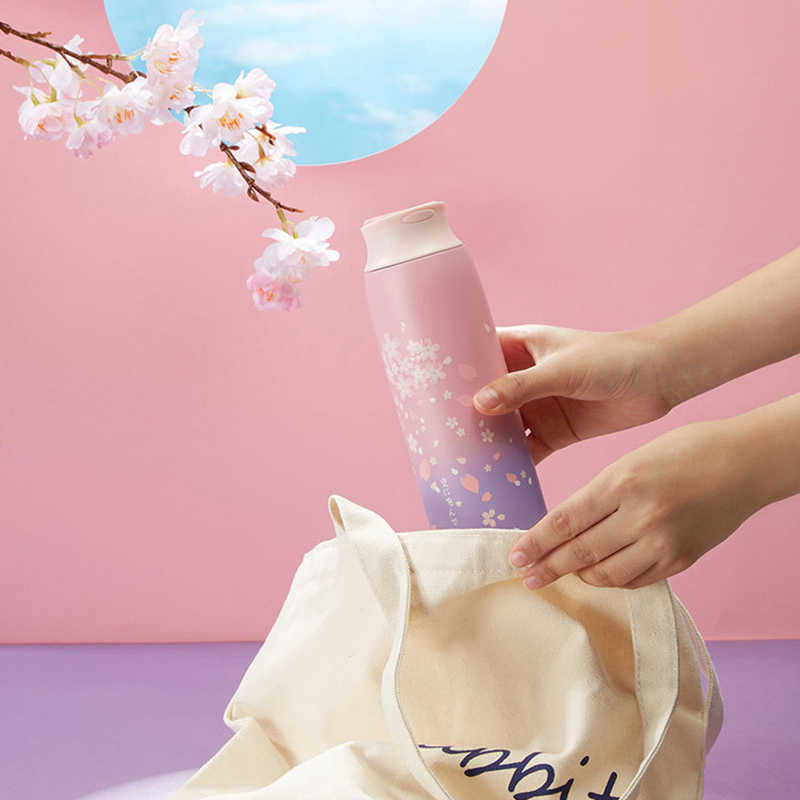 Japanese Style Thermos Bottle Insulated Tumbler Stainless Steel Travel Mug 470ml Big Water Bottle Cherry Vacuum Flask Coffee Mug 210913