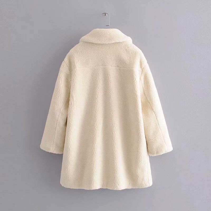 Fashion Solid Teddy Coat Women Winter Pockets Fleece Casual Mid Length Jackets Long Sleeve Lamb Fur Jacket Manteau Femme 210515