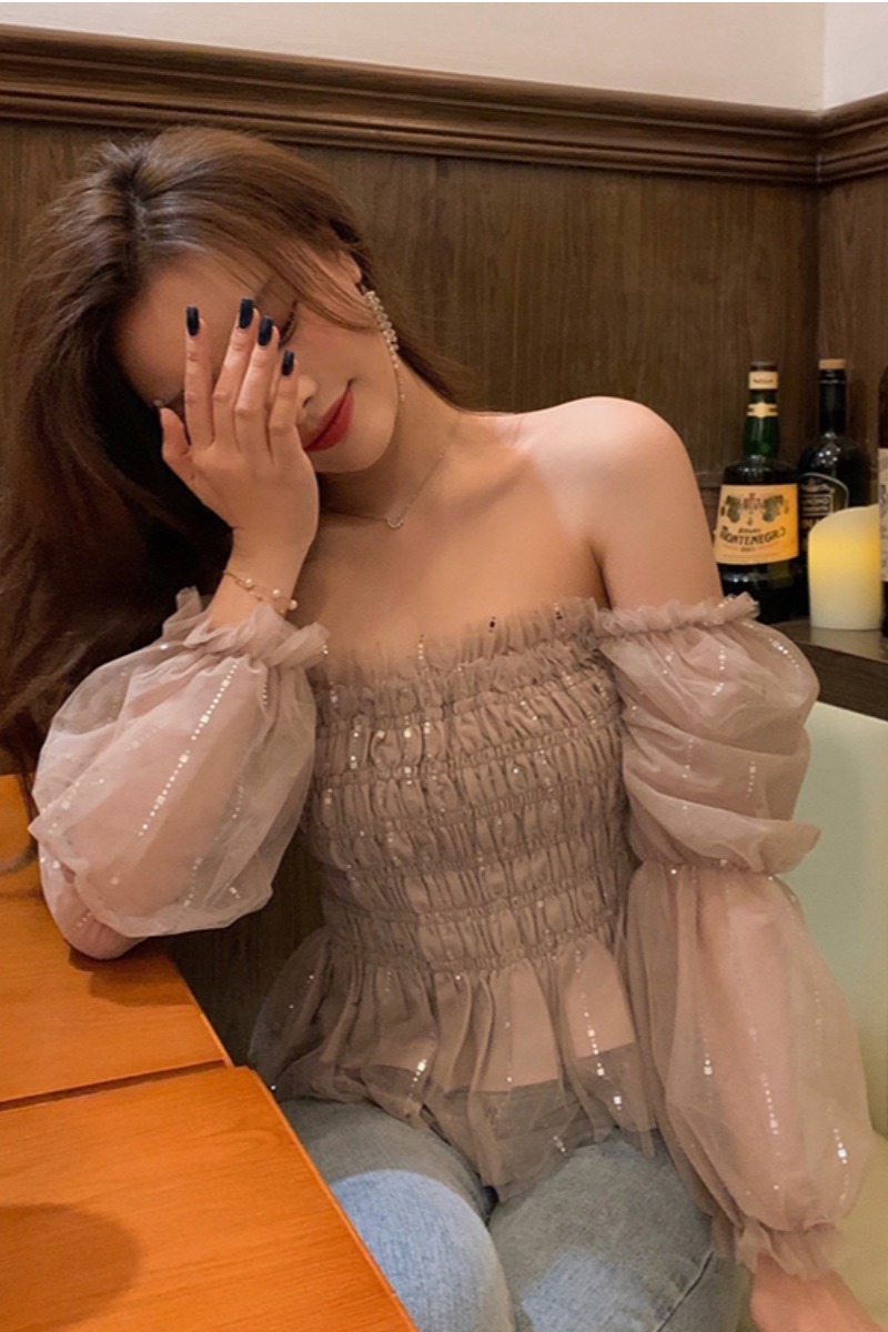 Sequined Patchwork Blouse Women Chiffon Crop Blusas Korean Chic Puff Sleeve Shirts Fashion Sexy Summer Lady Tops 210519