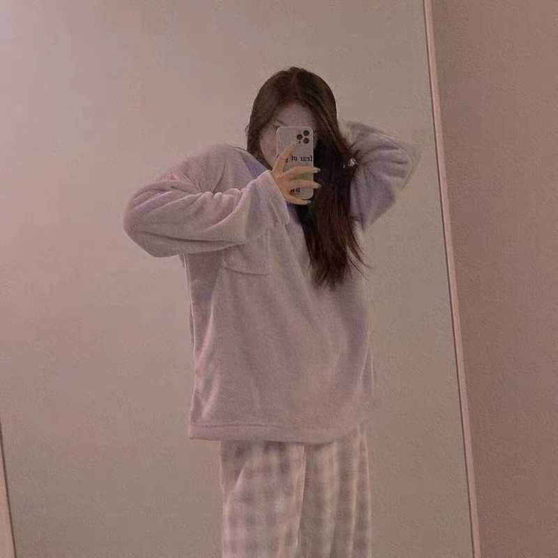 QWEEK Velvet Pajama Woman Winter Korean Style Plaid Pants Flannel Two Piece Home Clothes Pyjamas Trouser Suits Pijamas Sleepwear 211118