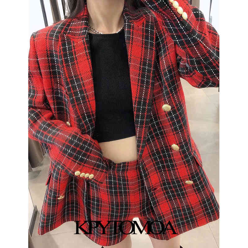 Women Fashion Double Breasted Check Blazer Coat Long Sleeve Pockets Female Outerwear Chic Veste Femme 210420