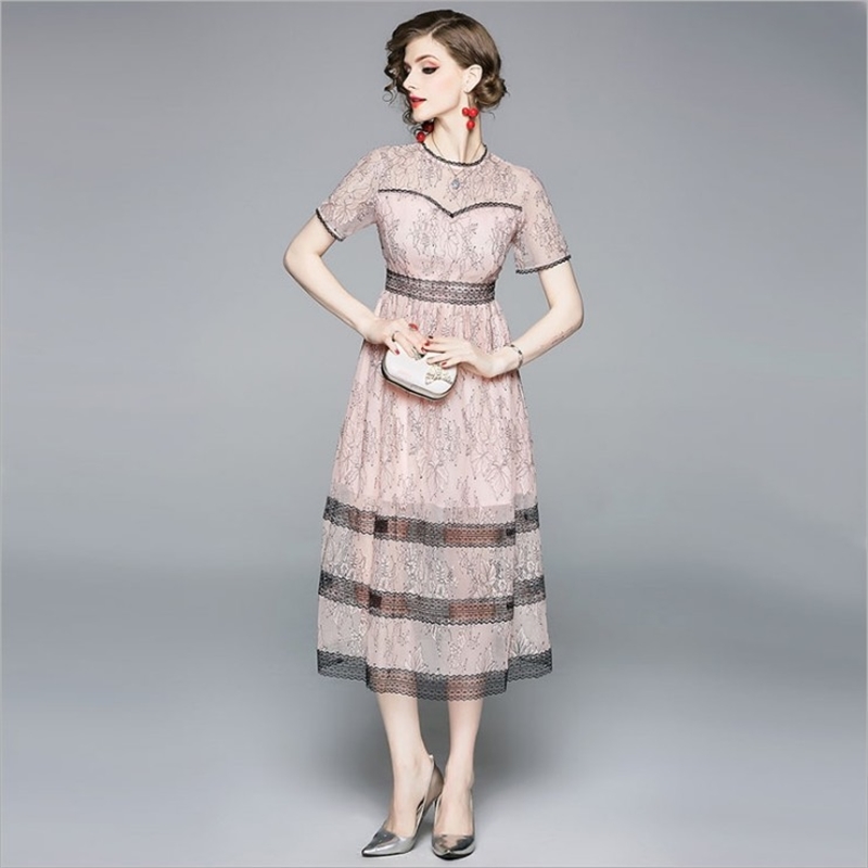 Fashion Runway Summer Dress Women Short Sleeve Lace Patchwork Vintage Female Vacation Midi Dresses Vestidos 210520
