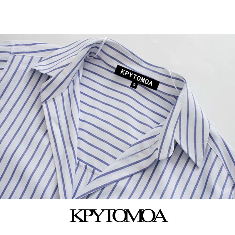 KPYTOMOA Women Fashion Office Wear Striped Loose Blouses Vintage Long Sleeve Pockets Female Shirts Chic Tops 210401