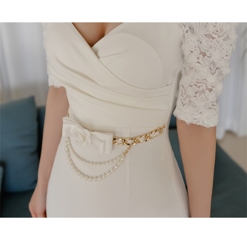 Fashion V-Neck Lace Puff Sleeve Women Pencil Dress Summer Solid Office OL Female White Bodycon es Vestidos femme 210519