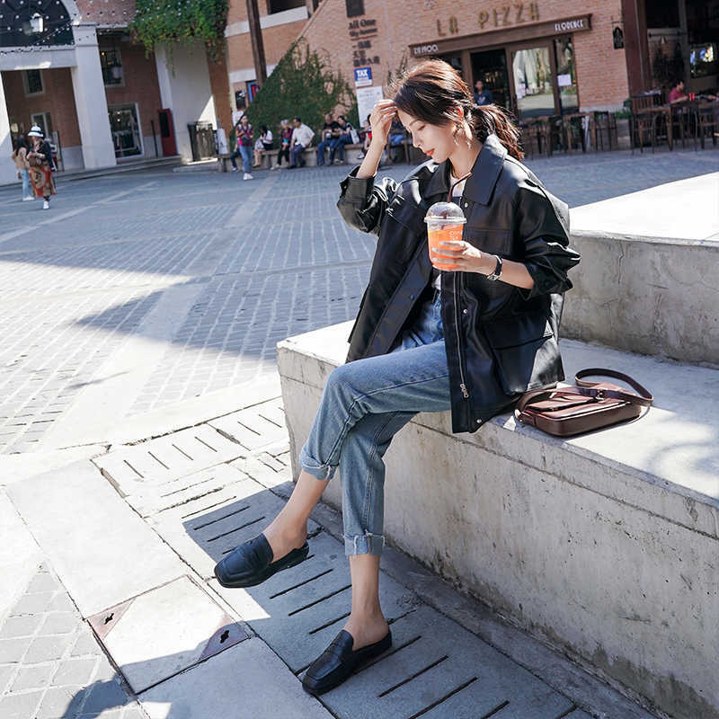 LY VAREY LIN Spring Women Faux Leather Jackets Elegant Tie Belt Waist Pockets Buttons Coats Motor Biker 210526