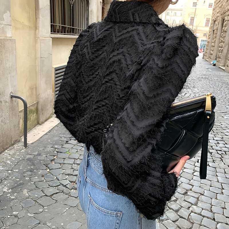 Yedinas Spring Fashion Black Cardigan Women Tassel Chic Sweater Turn-down Collar Long Sleeve Top Korean Style Kardigan 210527