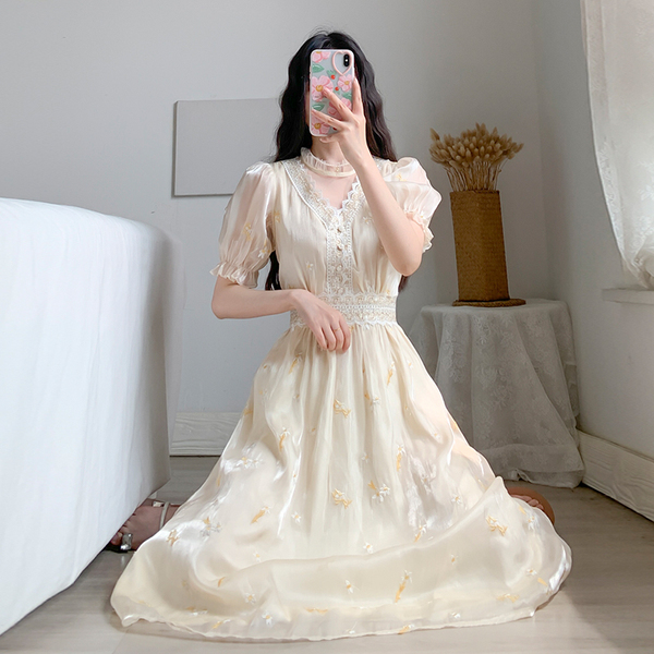 Women Retro Embroidery Floral Fairy Dress Vestido Summer Elegant Chiffon Short Sleeve High Waist Party Dresses Femme 210519
