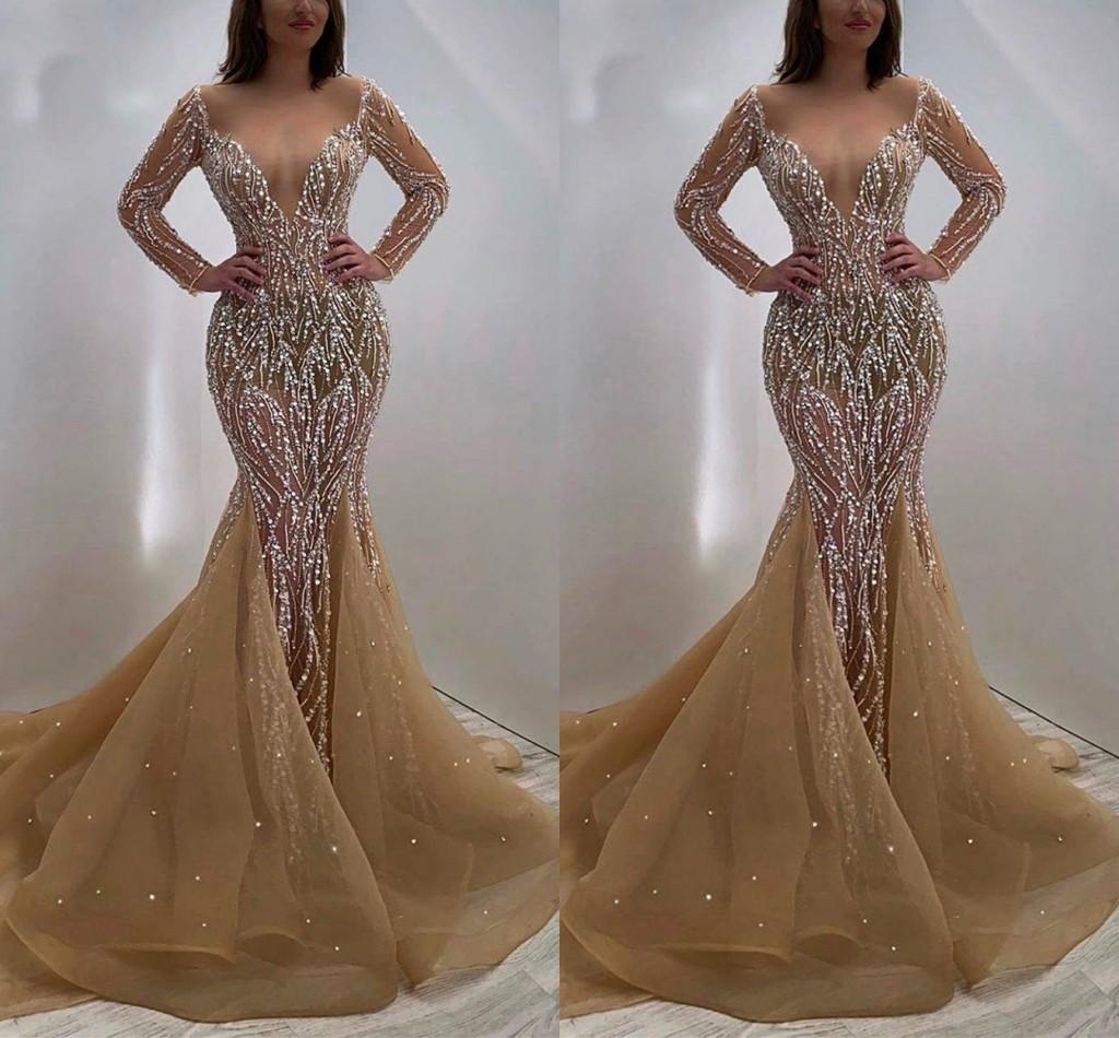 Sparkling Prom Dresses Champagne Sequins Crystal Long Sleeves Deep V Neck Sexy Sheer Beaded Mermaid Evening Dress Sweep Train Party Gowns